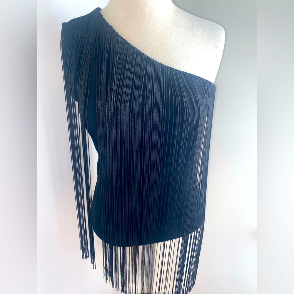 H&M Black One-Shoulder Front Fringe Top - Size S - NEW - Picture 2 of 10
